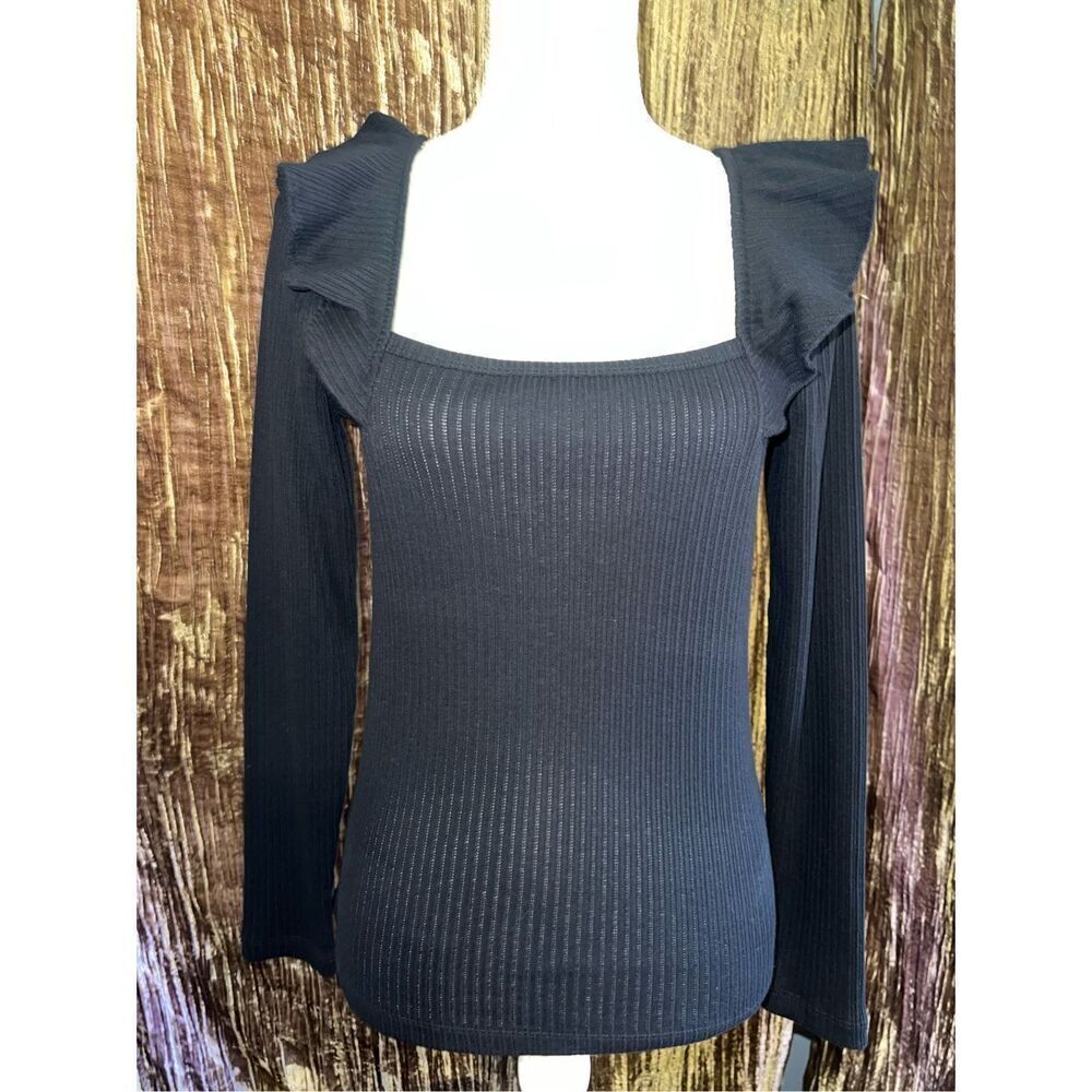 Women’s Black Ribbed Longsleeve Top Flutter Shoulders MEDIUM - Picture 4 of 8